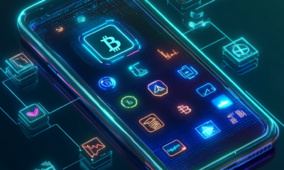 A futuristic smartphone displaying the Uphold app interface with icons for cryptocurrencies (Bitcoin, Ethereum), stocks, and precious metals glowing around it. The background is a gradient of blue and green, symbolizing trust and innovation, with subtle futuristic lighting. Clean, modern, and minimalistic.