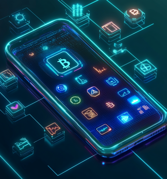 A futuristic smartphone displaying the Uphold app interface with icons for cryptocurrencies (Bitcoin, Ethereum), stocks, and precious metals glowing around it. The background is a gradient of blue and green, symbolizing trust and innovation, with subtle futuristic lighting. Clean, modern, and minimalistic.